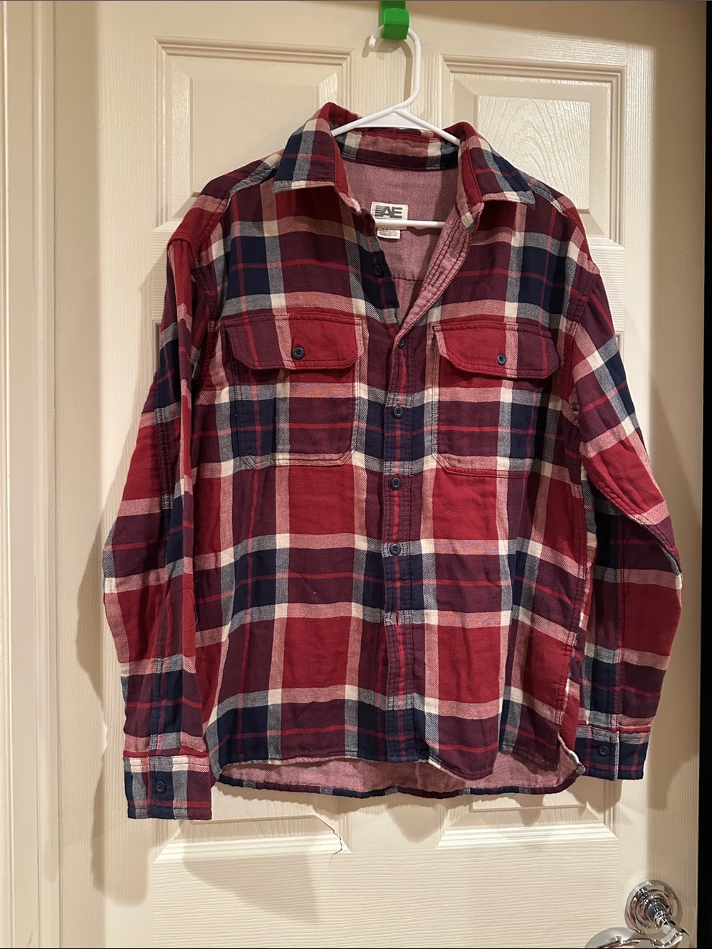 American Eagle Outfitters Red and Navy Plaid Button-Down Shirt